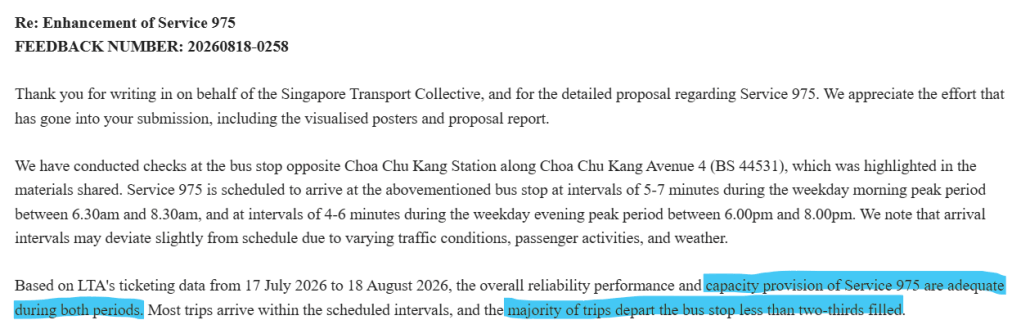 Email correspondence regarding the enhancement of Singapore's Bus Service 975, including feedback and performance data.